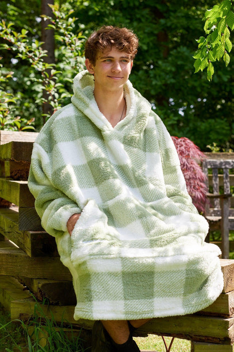 Green Checkered Adult Lite Hoodie Blanket