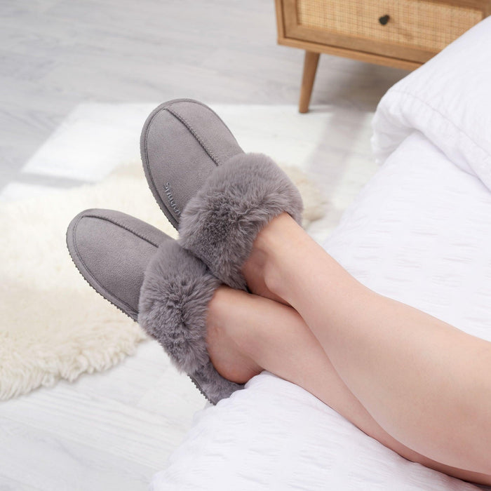 Grey Suede Mule Fluffy Slippers