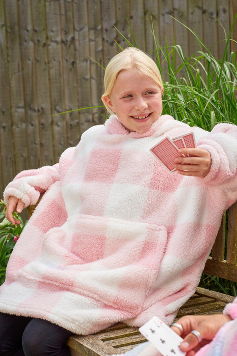 Kids Pink Checkered Lite Hoodie Blanket
