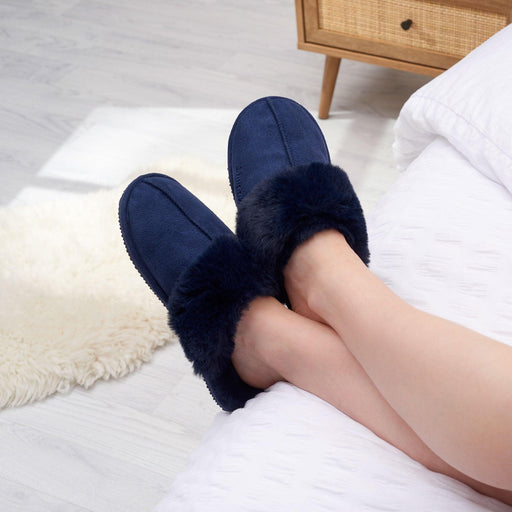 Navy Suede Mule Fluffy Slippers